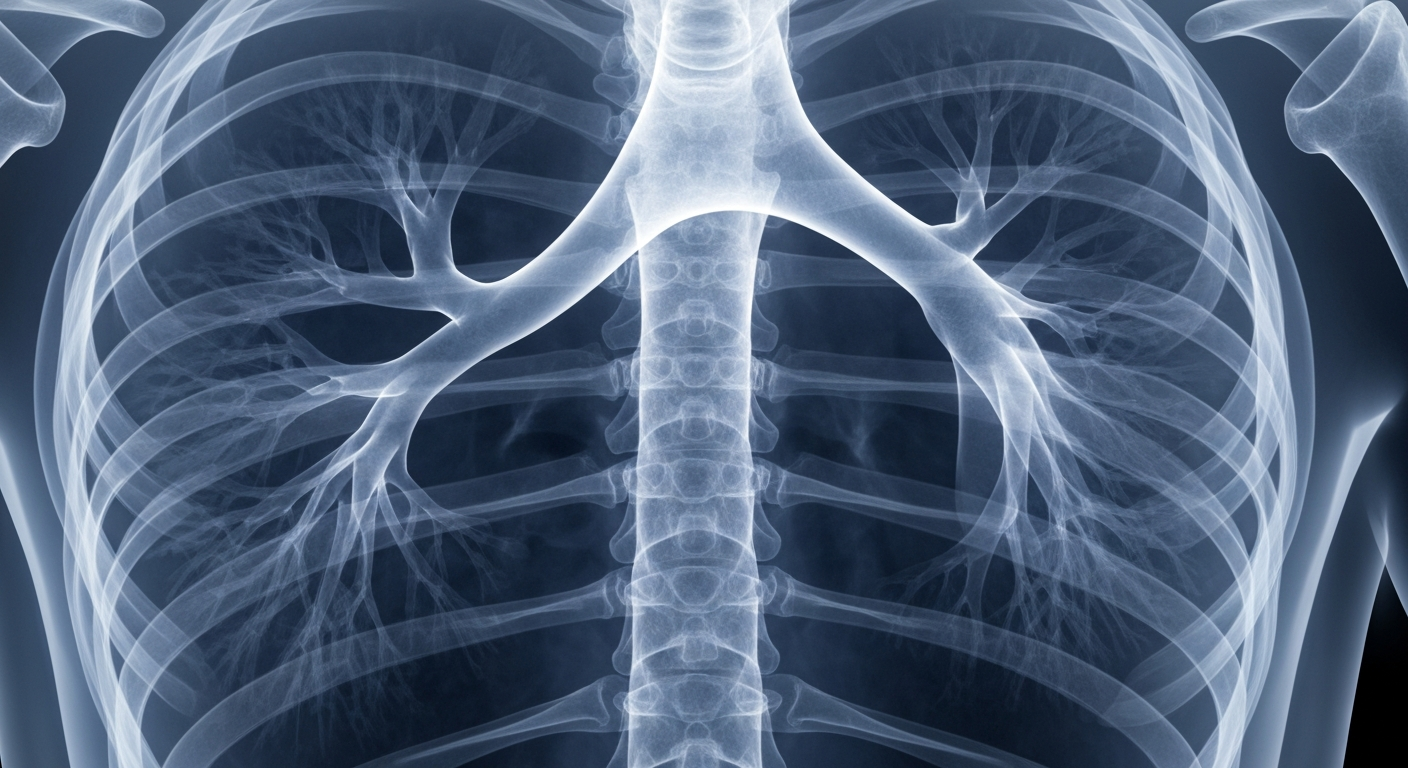 An extreme close-up X-ray photograph revealing the intricate, ghostly structures of the human respiratory system, conceptually illustrating the clinical effects of the flu virus.