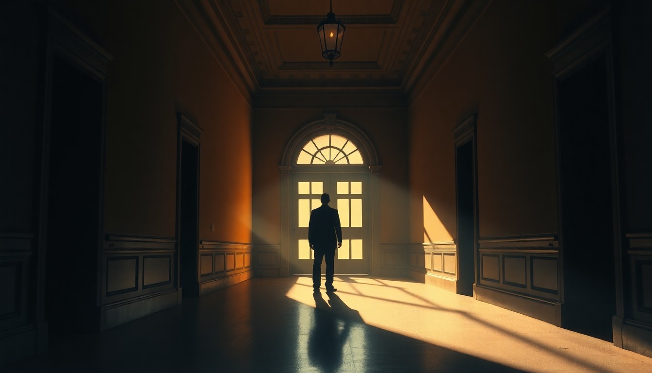 A moody, cinematic painting depicting a lone figure standing in a dimly lit government hallway, the warm light and deep shadows creating a contemplative, nostalgic mood.