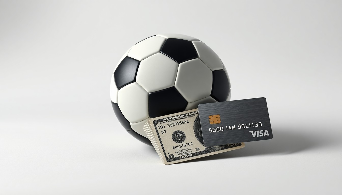 A minimalist, high-contrast studio photograph featuring a soccer ball, stacks of cash, and a sleek metal bank card, symbolizing the financial and community-focused partnership between a women's soccer team and a major bank.