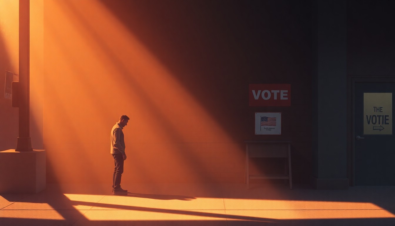 A serene, painterly scene of a lone voter standing outside a nondescript polling place, the building's facade and the voter's figure cast in dramatic light and shadow, conveying a sense of contemplation and civic duty.
