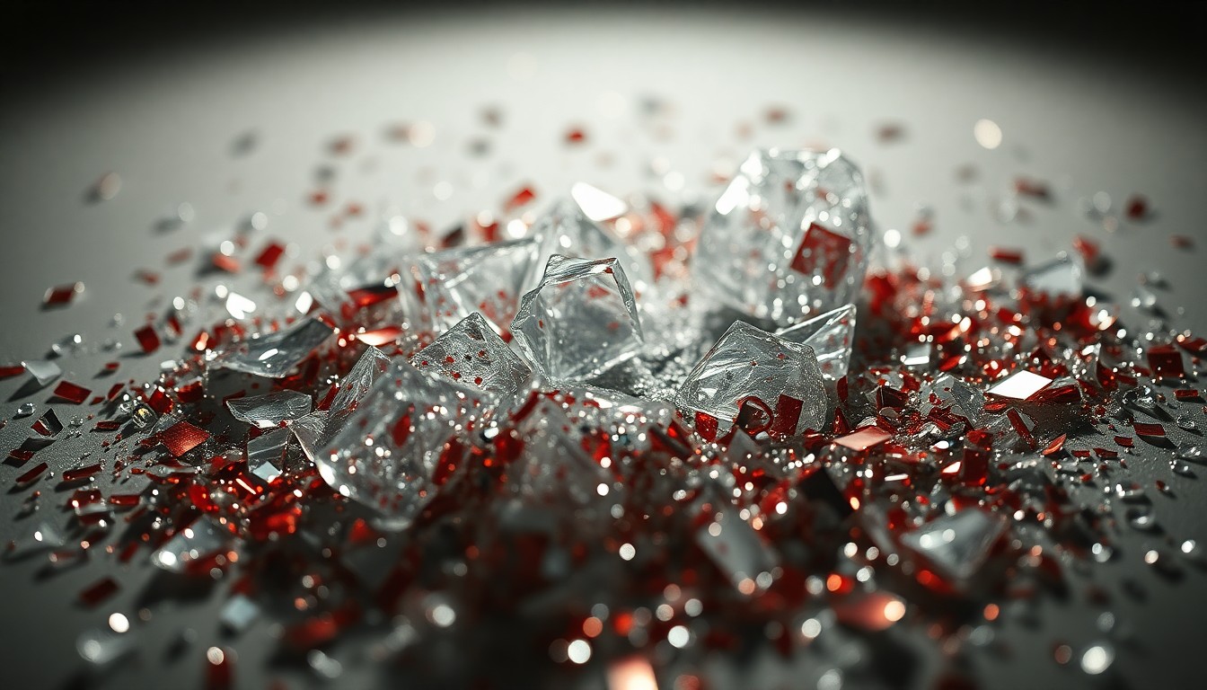 An abstract, high-contrast close-up photograph featuring shattered glass and glittering sequins, conceptually representing the glamour and fragility of the tradwife lifestyle.