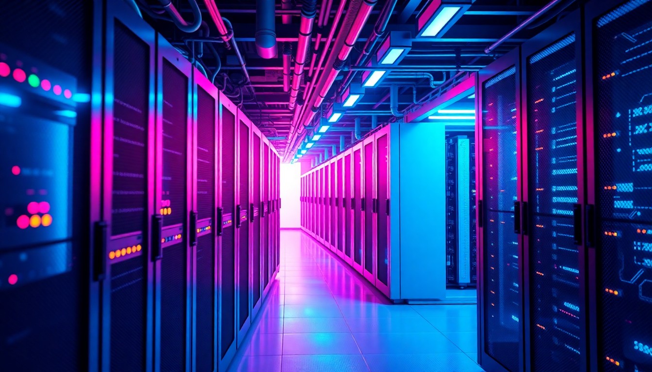 A highly detailed, glowing 3D illustration of the physical components that make up a data center's technology infrastructure, including servers, cooling systems, and power distribution equipment, all illuminated by vibrant neon cyan and magenta lights, conceptually representing the immense energy demands of the tech industry's digital transformation.