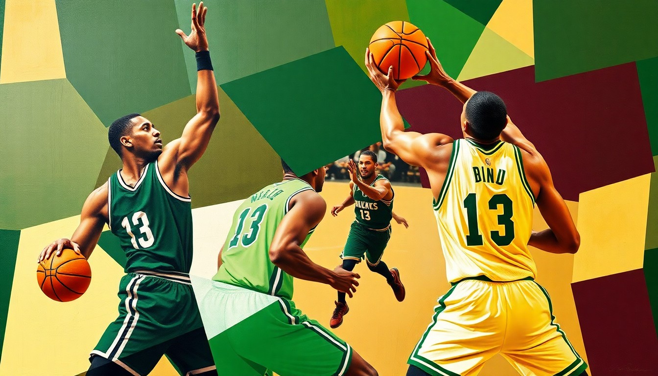 A fragmented, geometric painting depicting basketball players in the Bucks' team colors, conceptually representing the tensions between the organization and its franchise player.