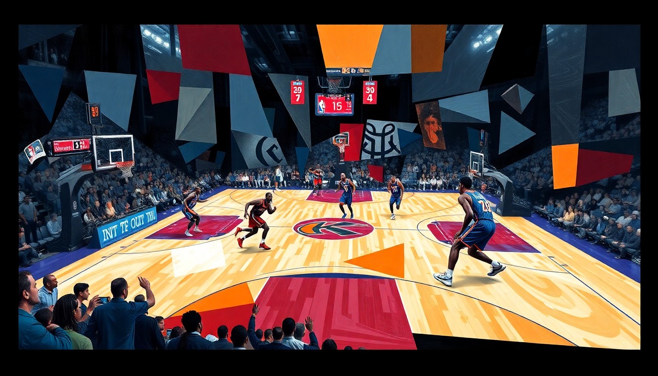 A cubist, geometric painting depicting the energy and movement of a basketball game between the New York Knicks and Atlanta Hawks, with the players and court fragmented into sharp, overlapping planes of color.