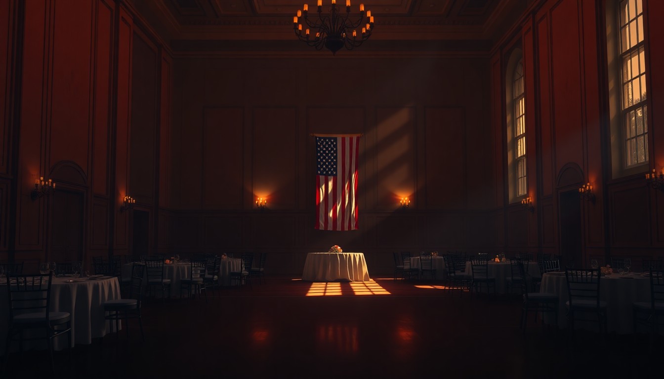 A dimly lit, cinematic painting of an empty banquet hall with an American flag hanging on the wall, conveying a sense of tradition and political nostalgia.