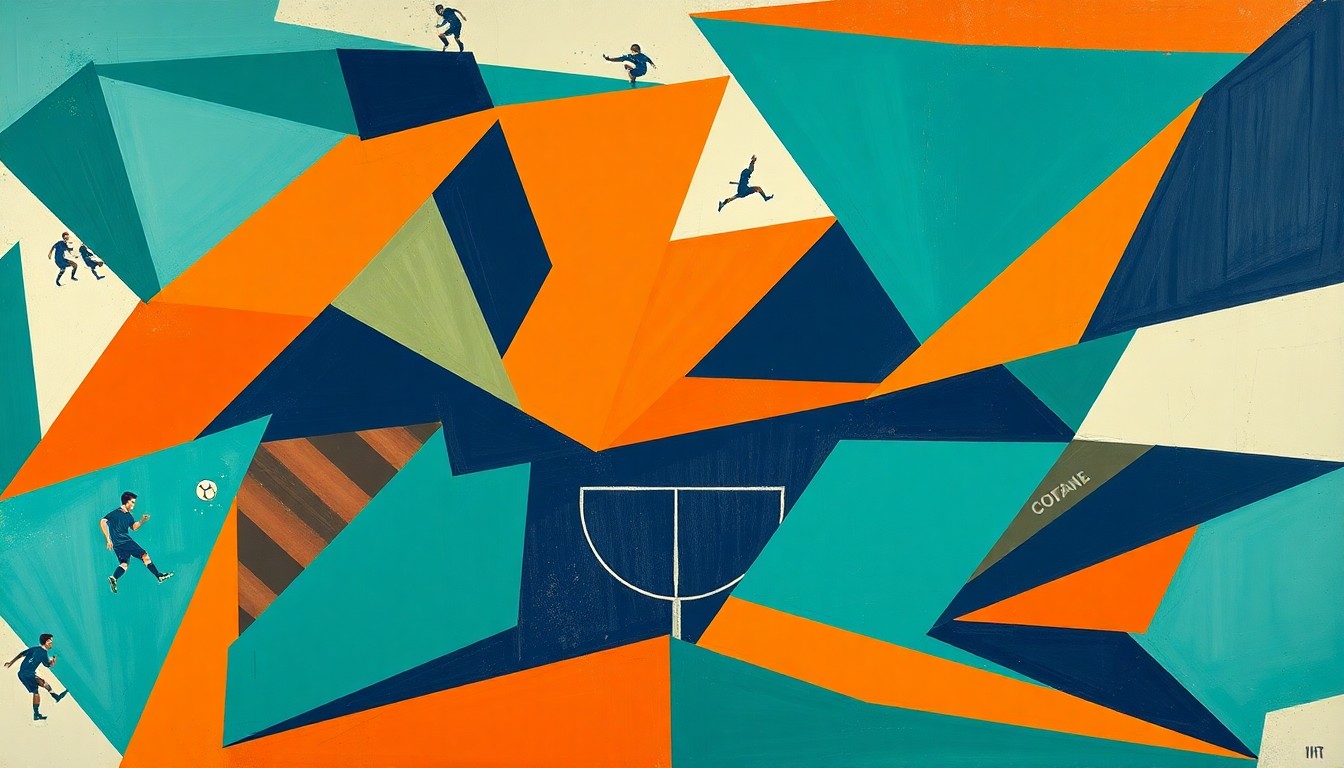 A cubist, geometric painting depicting a fragmented football game, with sharp planes of teal, orange, and navy blue representing the dynamic action on the field.