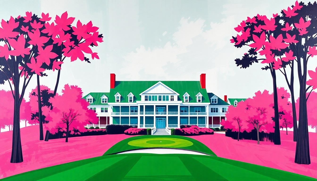 A cubist, geometric painting depicting the iconic Augusta National Golf Club clubhouse and grounds, with the scene broken down into sharp, overlapping planes of color, conceptually representing the multi-faceted viewing experience for the 2026 Masters tournament.