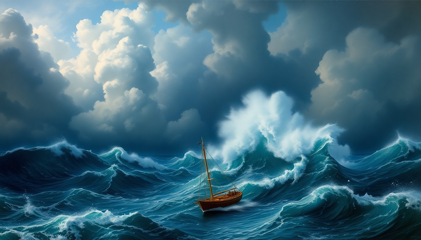 A sweeping, atmospheric landscape painting depicting a small disabled yacht tossed about in a stormy, turbulent ocean, dwarfed by the overwhelming power of the crashing waves and ominous clouds.