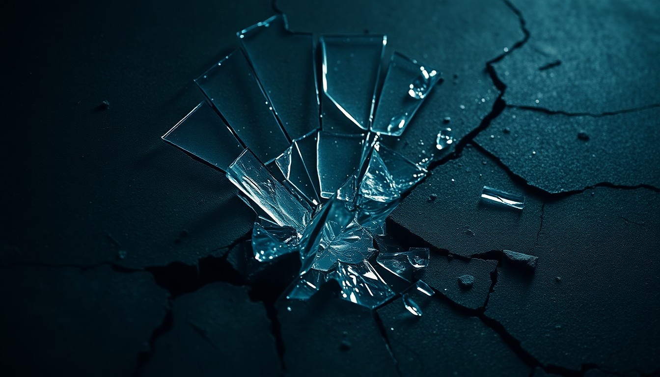 An abstract close-up image of shattered glass and cracked concrete, using dramatic studio lighting to create a high-contrast, high-glamour aesthetic that evokes the gritty tone of the crime thriller 'The Order'.