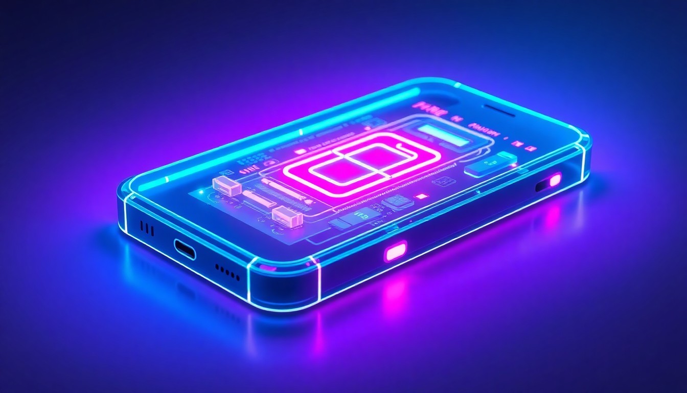 A highly detailed 3D illustration of a glowing, futuristic smartphone with neon cyan and magenta lights pulsing through its transparent chassis, conceptually representing the convergence of hardware and software in modern mobile technology.