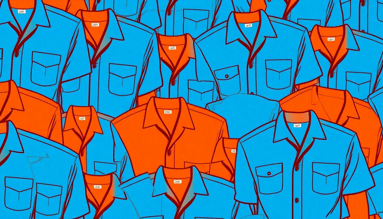 A brightly colored, high-contrast silkscreen print of a blue beach ranger uniform shirt repeated in a tight grid pattern, capturing the iconic nature of the rangers' role in maintaining the Waukegan lakefront.