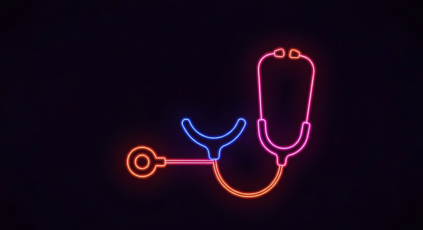 A glowing neon outline of a nurse's stethoscope against a dark background, representing the vibrant energy and dynamism of the nursing profession.