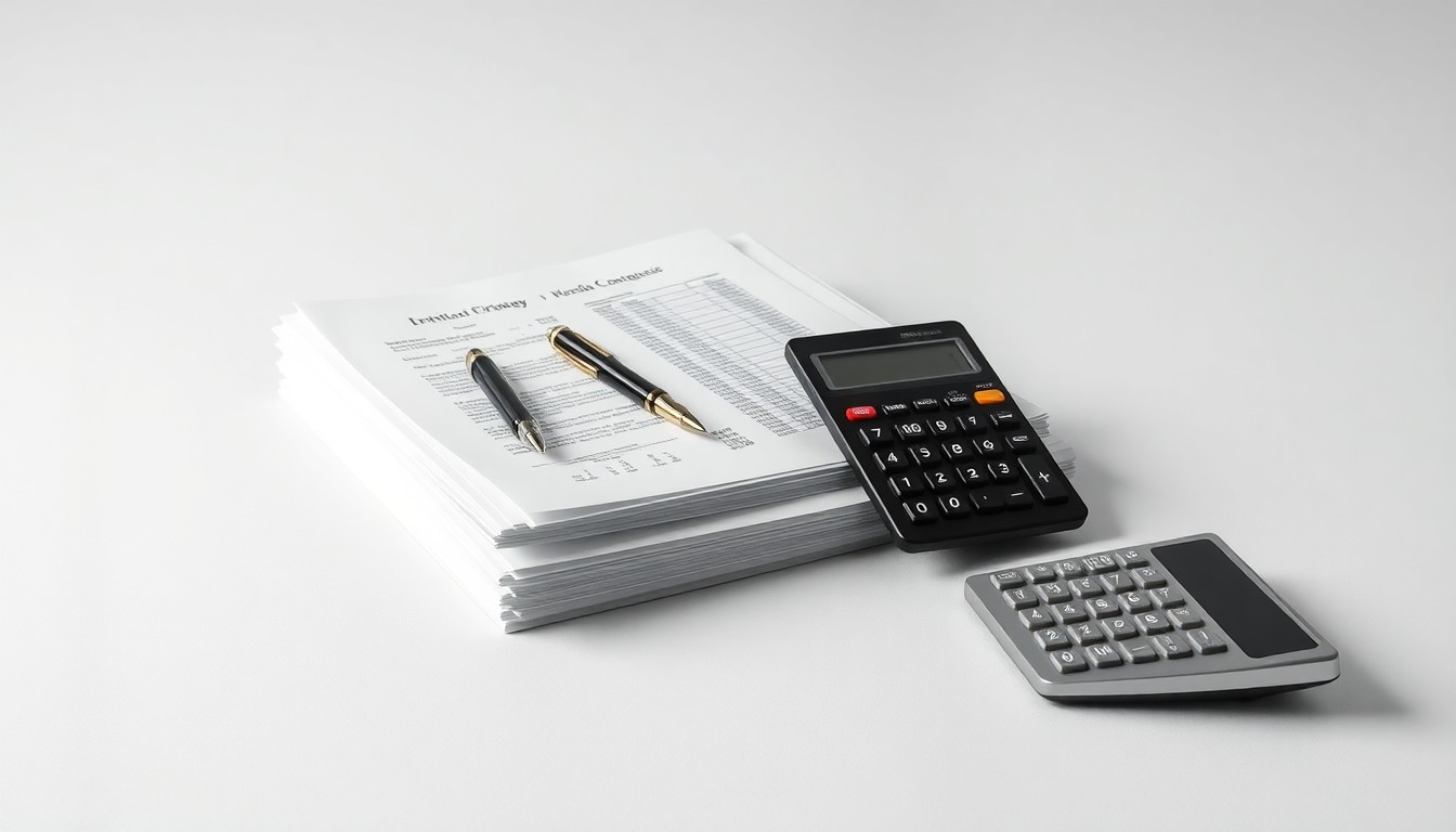 A minimalist, photorealistic studio still life featuring a stack of financial documents, a pen, and a calculator arranged on a clean, monochromatic background, symbolizing the abstract concepts of corporate strategy, finance, and risk.