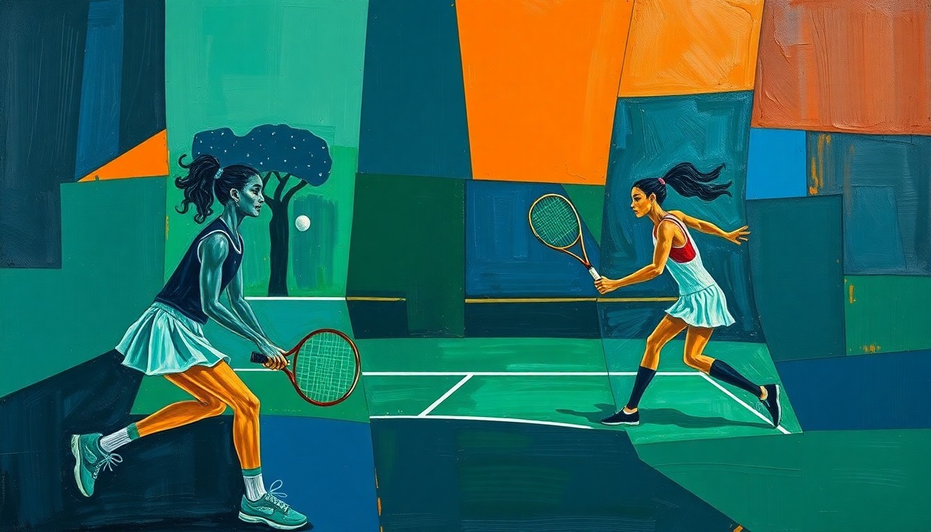 A cubist-style painting depicting a fragmented, multi-angled view of a girls' tennis match, with sharp geometric shapes and planes in shades of blue, green, and orange conveying the intensity and competitive spirit of the rivalry.