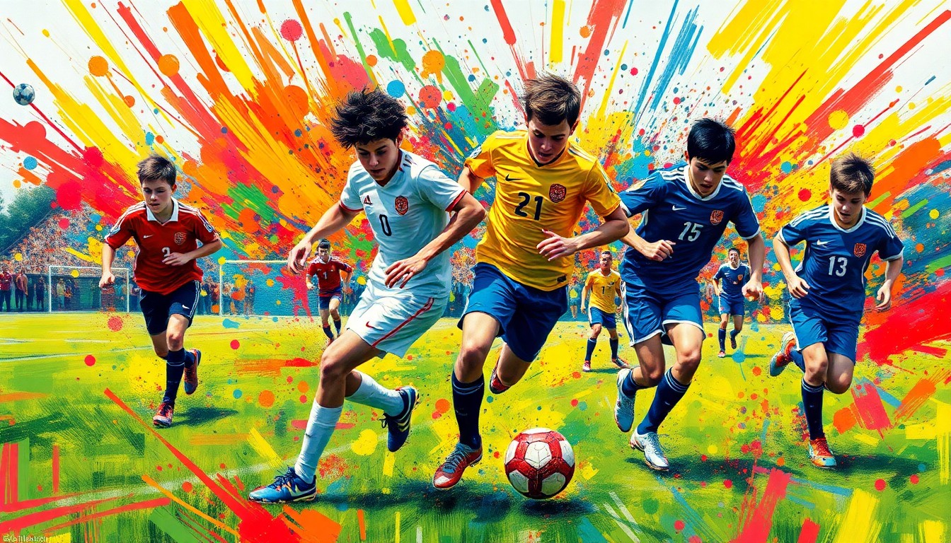 An abstract expressionist painting in vibrant neon colors, with blurred, fragmented forms representing the dynamic action of a high school soccer match.