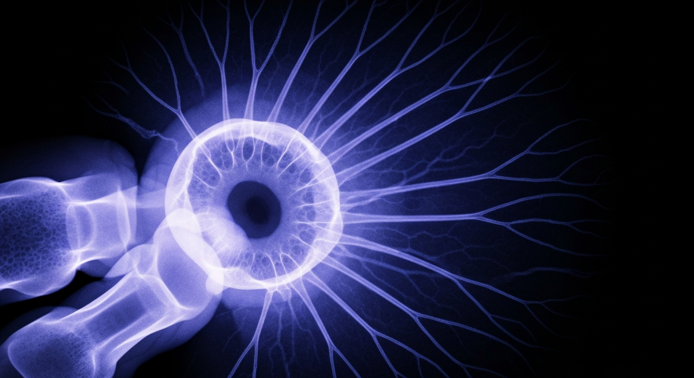 A highly detailed, translucent X-ray photograph revealing the complex internal structure of the human cornea, with delicate lines and shapes in shades of blue and violet against a dark background, conceptually illustrating the advanced technology behind Glaukos' new corneal cross-linking treatment.