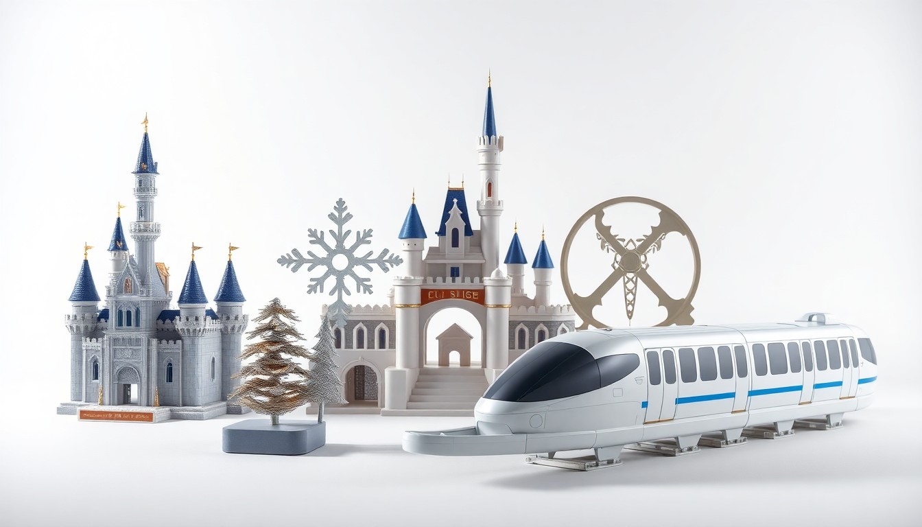 A high-end studio still life photograph featuring a collection of polished, premium objects representing the Disney brand and Disneyland Paris, including a miniature Cindercastle, a Frozen-themed snowflake sculpture, and a sleek monorail model, arranged elegantly on a clean white background with dramatic lighting to convey a sense of corporate strategy and growth.