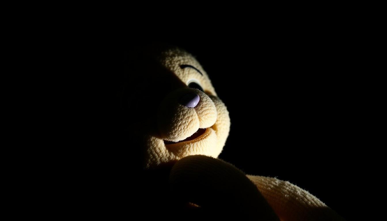 An extreme close-up photograph of a child's toy, such as a stuffed animal or a broken doll, lit by a harsh, direct camera flash against a pitch-black background, conceptually illustrating the disturbing nature of the child abuse case.