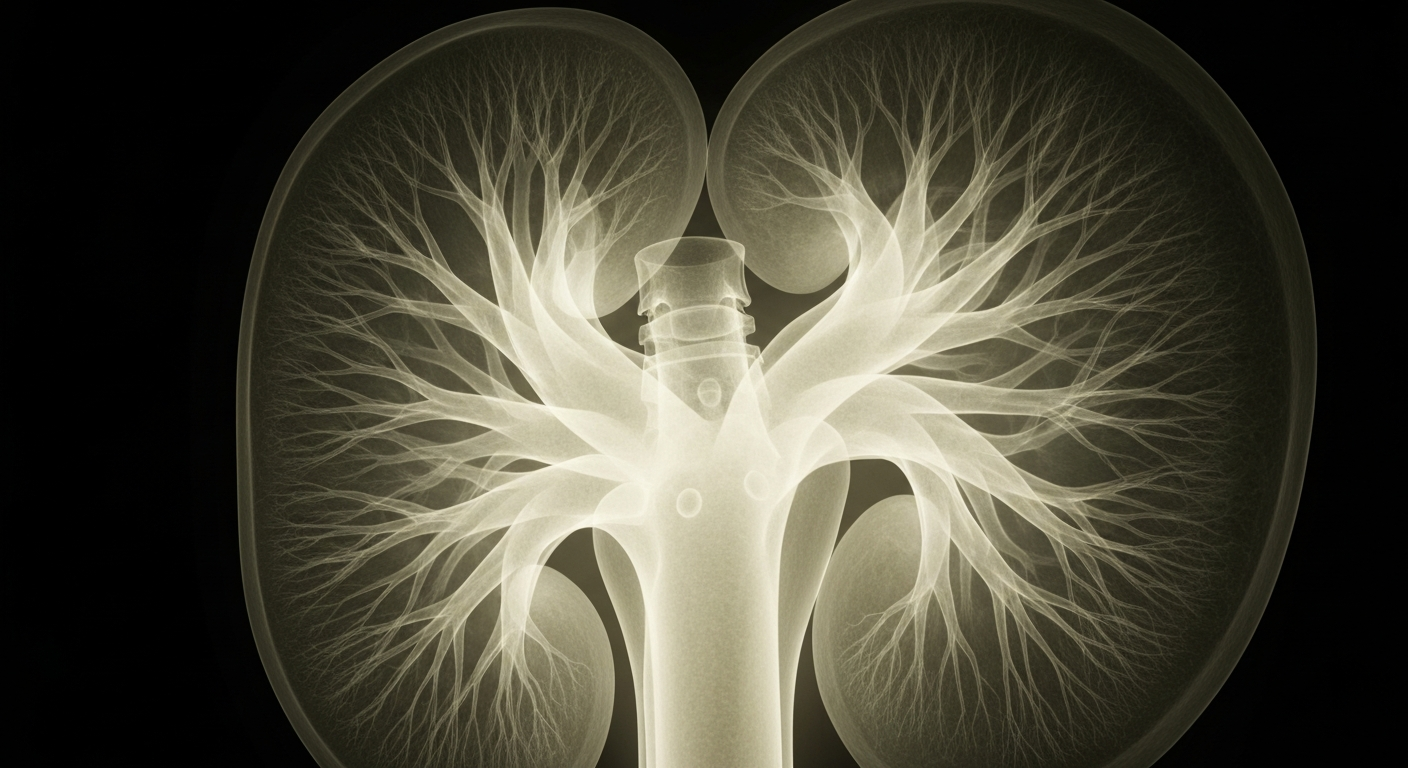 A ghostly, translucent X-ray photograph of a human kidney, revealing its intricate internal structure in shades of white and grey against a dark background.