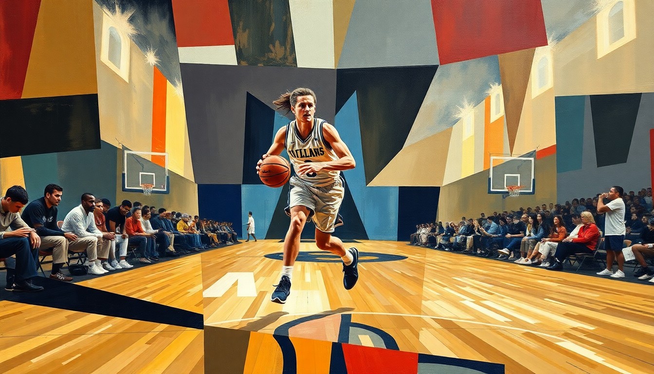 A fragmented, geometric painting depicting a basketball player in motion, their form broken down into sharp, overlapping planes of color and shape.