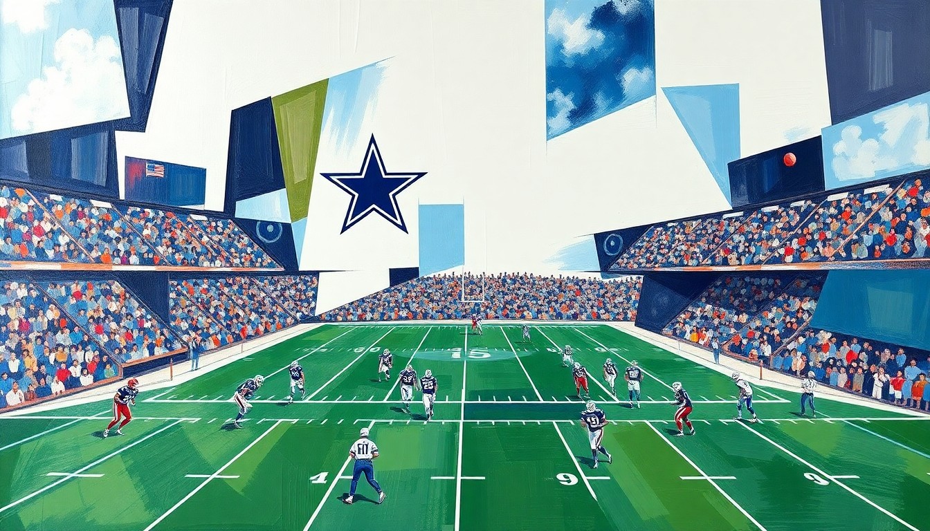 A cubist-style painting depicting a Dallas Cowboys football game or practice, with the action broken down into sharp, overlapping geometric shapes and planes in a variety of colors.