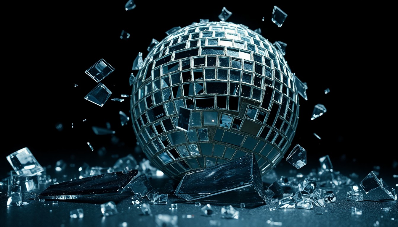 An abstract close-up photograph of shattered glass fragments in high-contrast studio lighting, capturing the fractured dynamic between Journey's singer and band management.