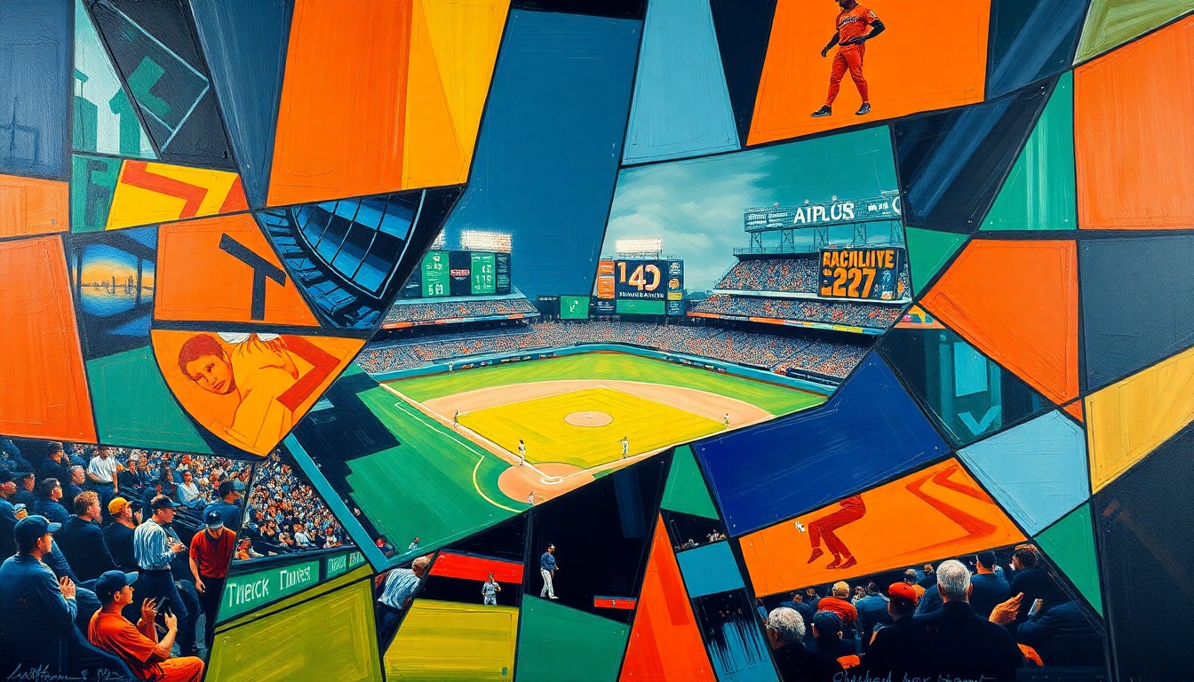 A cubist, geometric painting depicting a baseball game or match, with sharp, overlapping planes of color in a vibrant palette representing the raw energy and dynamism of the Pirates' offensive surge.