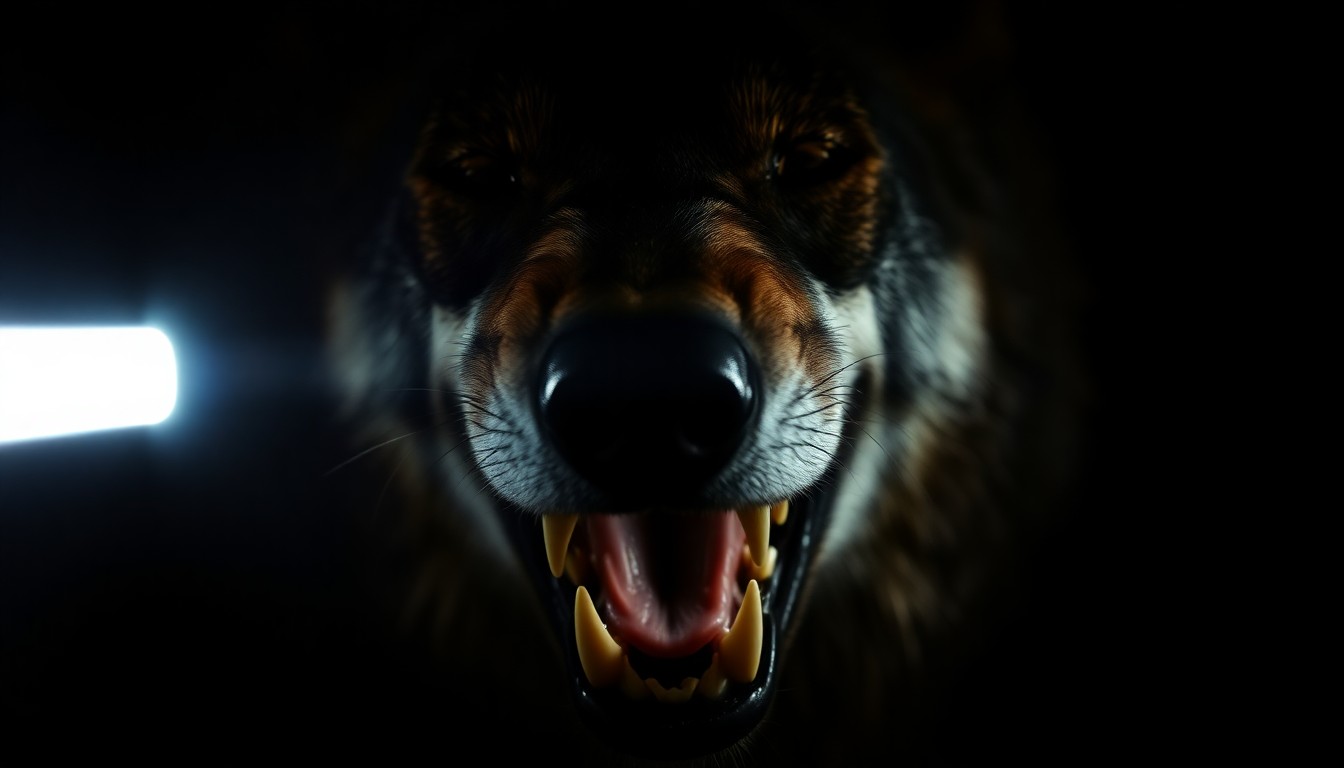 An extreme close-up photograph of a wolf's sharp teeth and mouth, lit by a harsh, direct camera flash against a pitch-black background, creating a stark, gritty, investigative aesthetic.