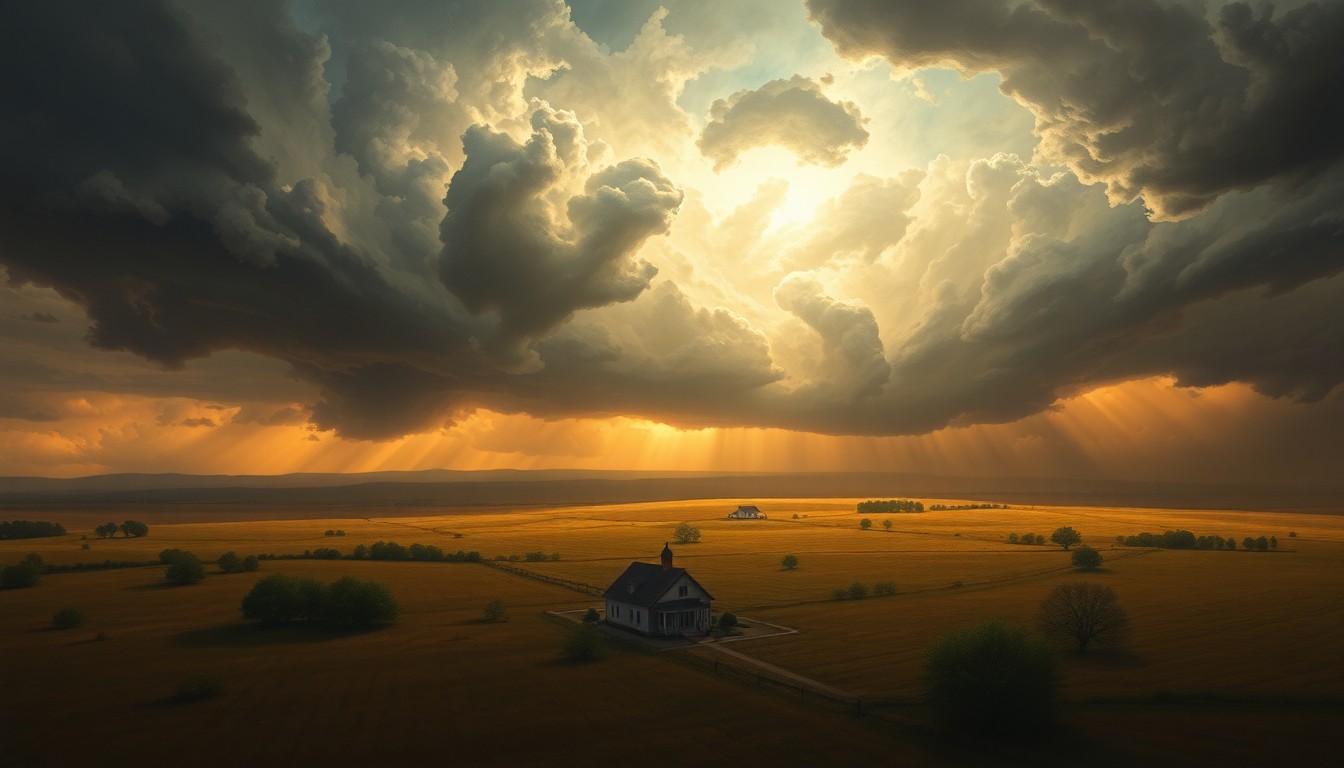 A sweeping landscape painting in muted earth tones, with a small farmhouse or community center structure barely visible in the middle ground, dwarfed by an imposing, atmospheric storm system dominating the sky above.