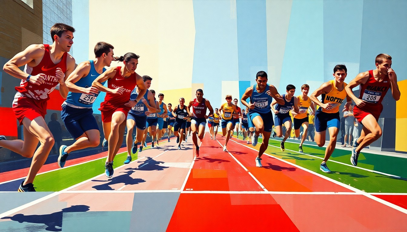 A fractured, cubist-style painting depicting the motion and energy of a 400-meter track race, with overlapping geometric shapes and planes in the vibrant colors of Northwestern State University.