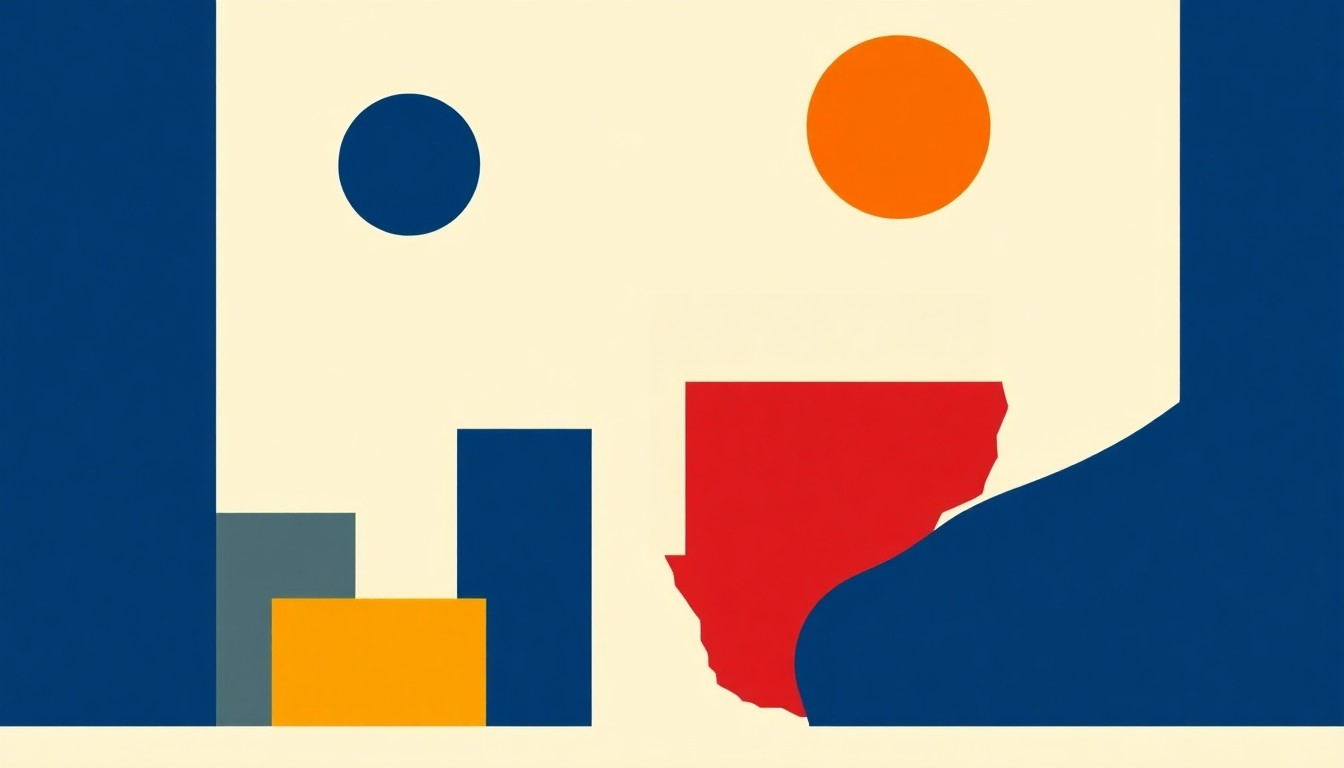 A vibrant abstract illustration composed of intersecting triangles and rectangles in shades of blue, orange, and green, conceptually representing the economic growth and employment trends in Texas.