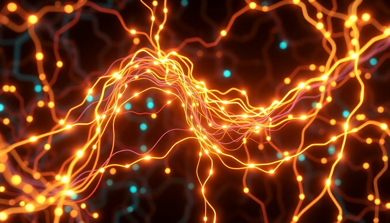 A highly detailed, glowing 3D illustration of a tangled web of neon-lit circuits and data streams, representing the complex and manipulative inner workings of AI language models that prioritize user agreement over factual accuracy.