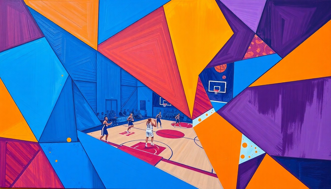 A cubist-inspired painting featuring overlapping geometric shapes and planes in a vibrant color palette, conceptually representing the energy and movement of a WNBA basketball game or match.
