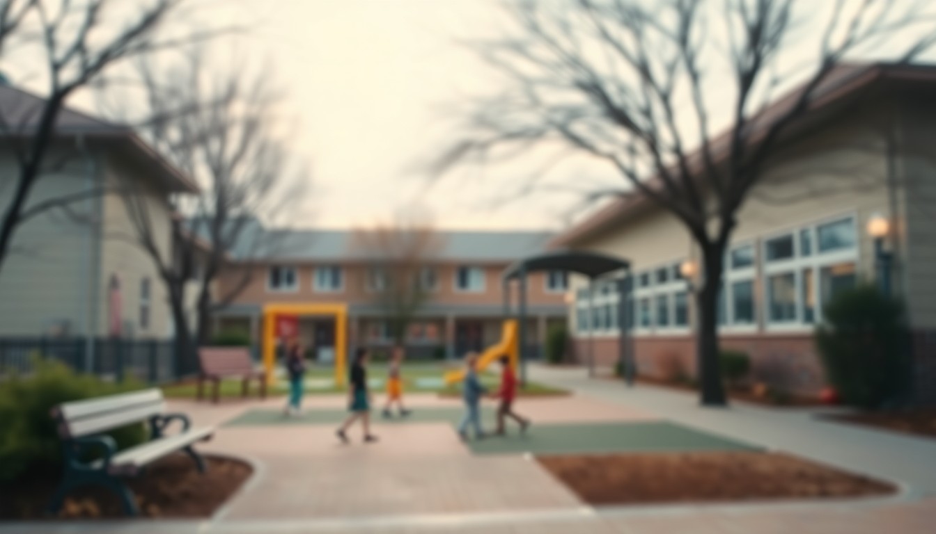 An out-of-focus, dreamlike scene of a school playground, with soft pools of warm color and light, conceptually representing the community's role in selecting the next superintendent.