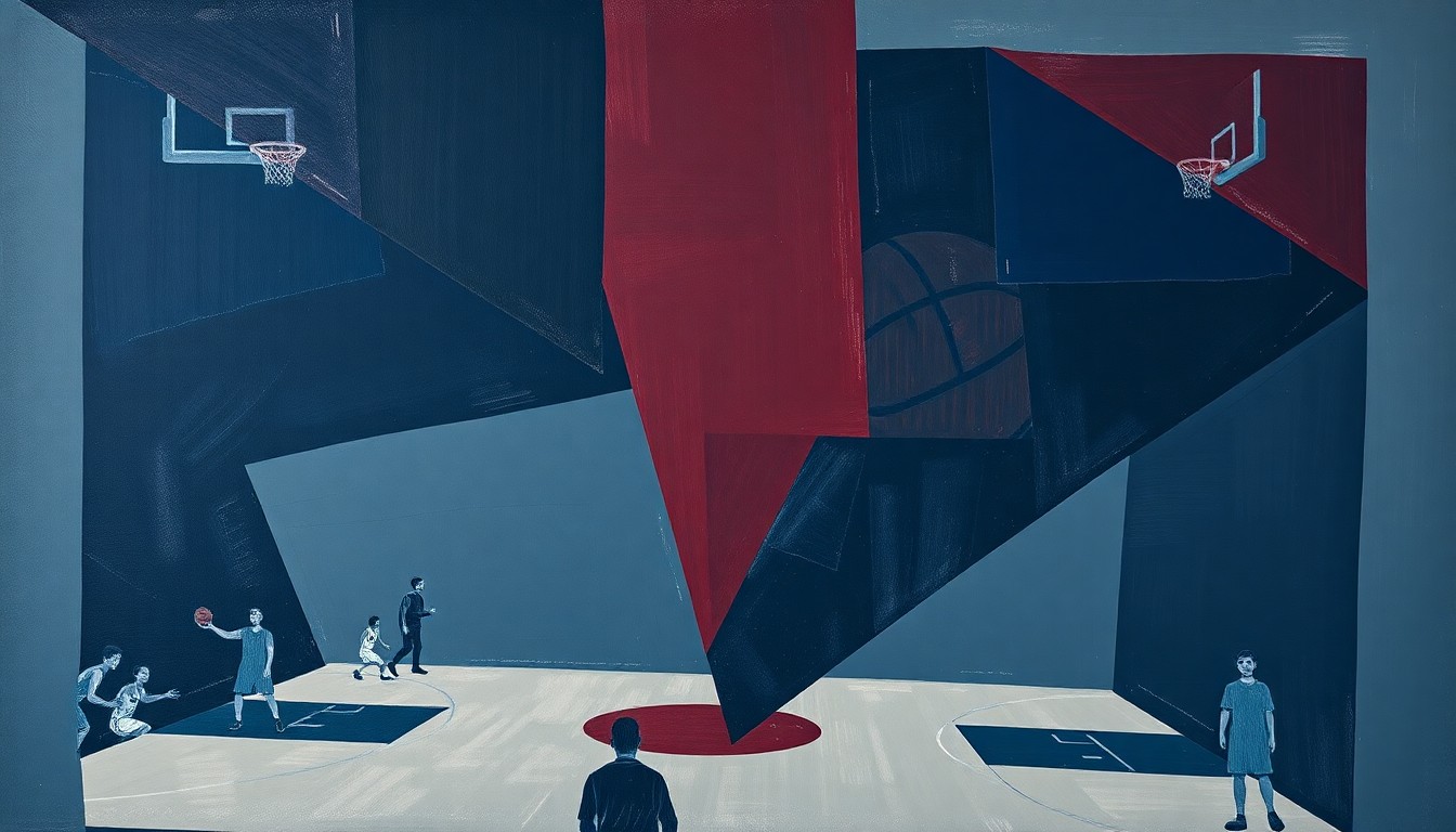 A cubist, geometric painting depicting fragmented elements of a college basketball game, with sharp planes of navy, maroon, and grey colors representing the complex roster changes facing the Virginia Tech Hokies.