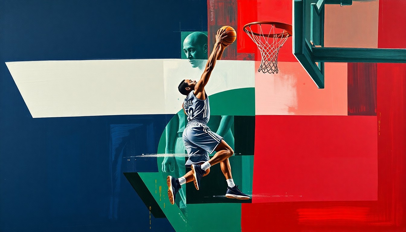 A cubist, geometric painting depicting a basketball player making a move in the paint, with sharp, overlapping planes of navy, green, and red conveying the energy and physicality of the game.