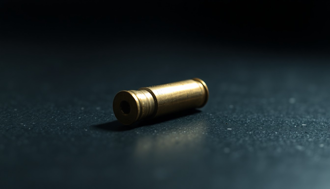 An extreme close-up photograph of a single spent bullet casing on a dark, textured surface, conceptually representing the investigation into the shooting of a police K-9 officer.