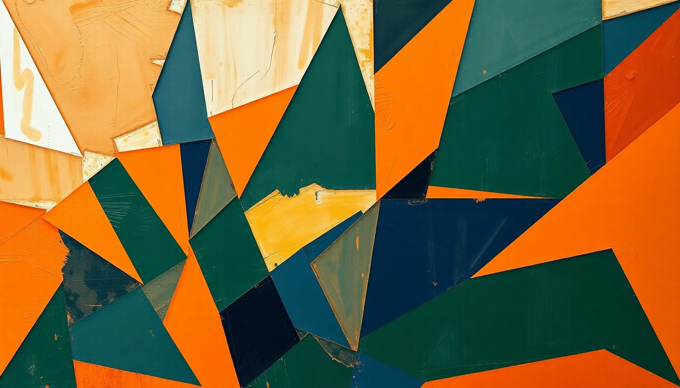 A cubist, geometric painting depicting fragmented, overlapping shapes in shades of orange, blue, and green, conceptually representing the disarray and challenges facing the Tennessee women's basketball team as it rebuilds its roster from scratch.