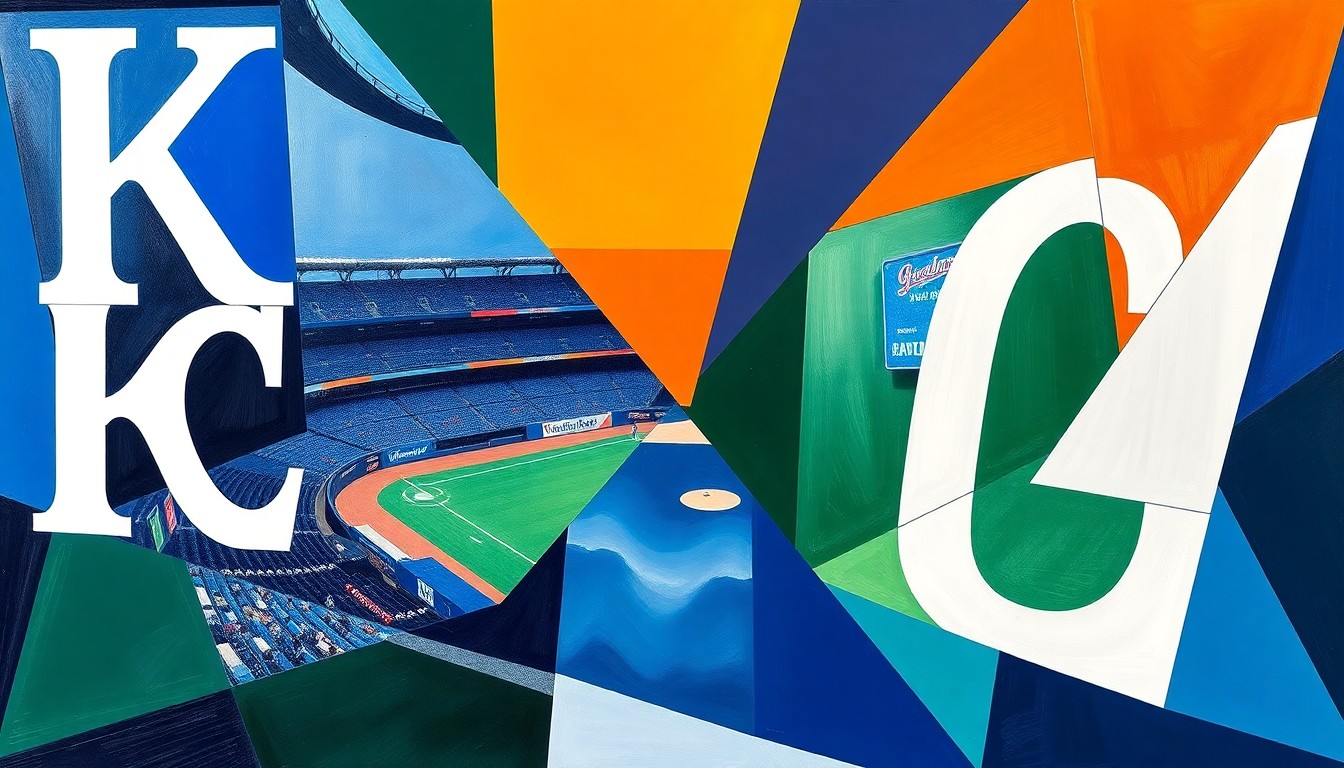 A cubist, geometric painting depicting a baseball game in progress, with the players and field broken down into sharp, overlapping planes of navy, green, and orange.