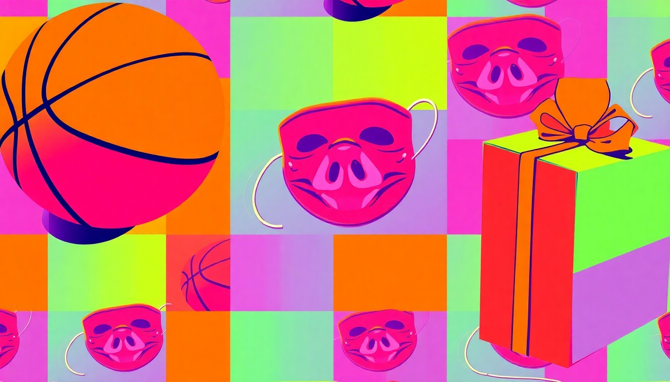 A vibrant, abstract silkscreen illustration featuring repeated icons representing a basketball, theater mask, and gift box, conveying the diverse community events hosted by United Way of Central New York.