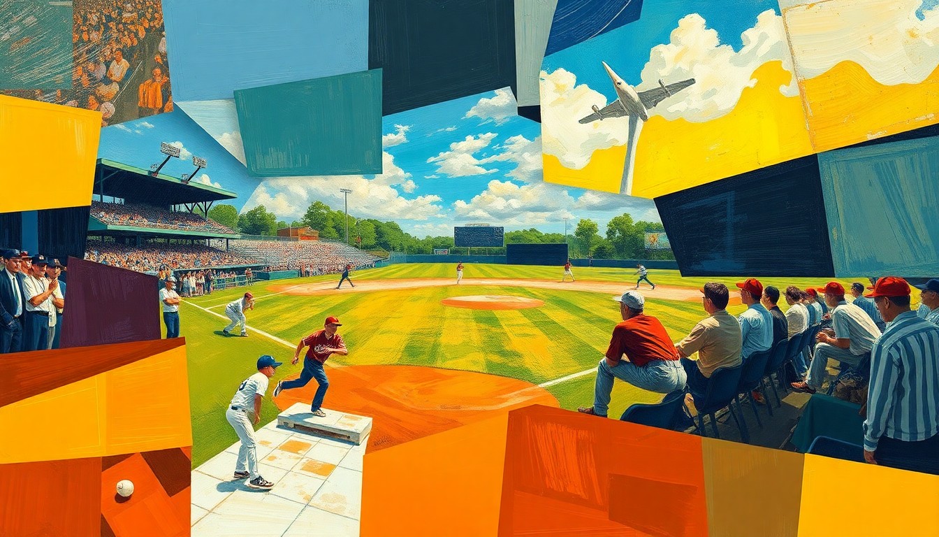 A fragmented, geometric painting depicting the dynamic movements and energy of a high school sports competition.
