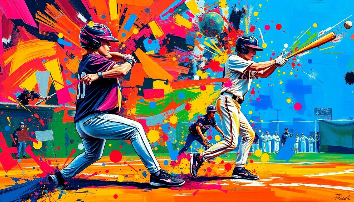 An abstract, expressionist painting in vibrant neon colors depicting the dynamic motion and energy of a high school softball game, with the pitcher's wind-up and the batter's swing blending into a textured, painterly composition.