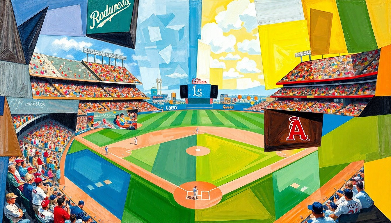 A fragmented, cubist-style painting depicting a baseball game or match between the St. Louis Cardinals and Kansas City Royals, with the players and field broken down into sharp, overlapping geometric shapes and planes of color.