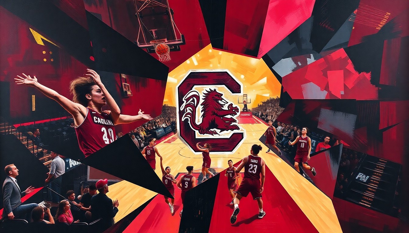 A fragmented, cubist-style painting depicting the chaotic action of a women's basketball game, with sharp geometric shapes and planes of garnet, black, and gold colors representing the South Carolina Gamecocks.