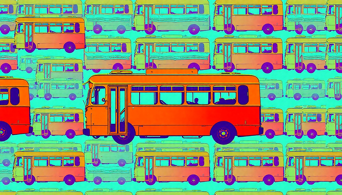 A grid of stylized, brightly colored city bus icons in a pop art silkscreen style, conceptually representing the Wausau public transit system and its new leadership.