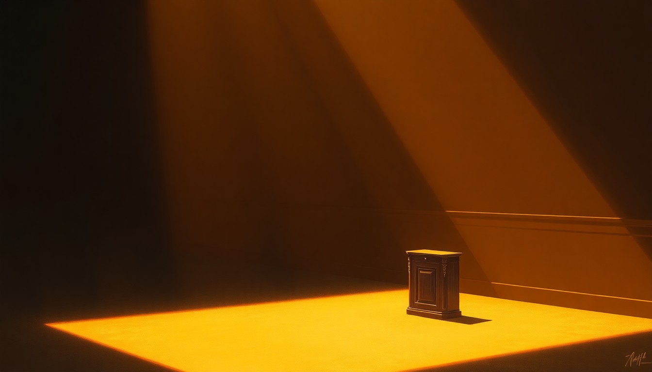 A dimly lit, cinematic painting of an empty political office space, with warm sunlight streaming through the windows and deep shadows casting a contemplative mood.