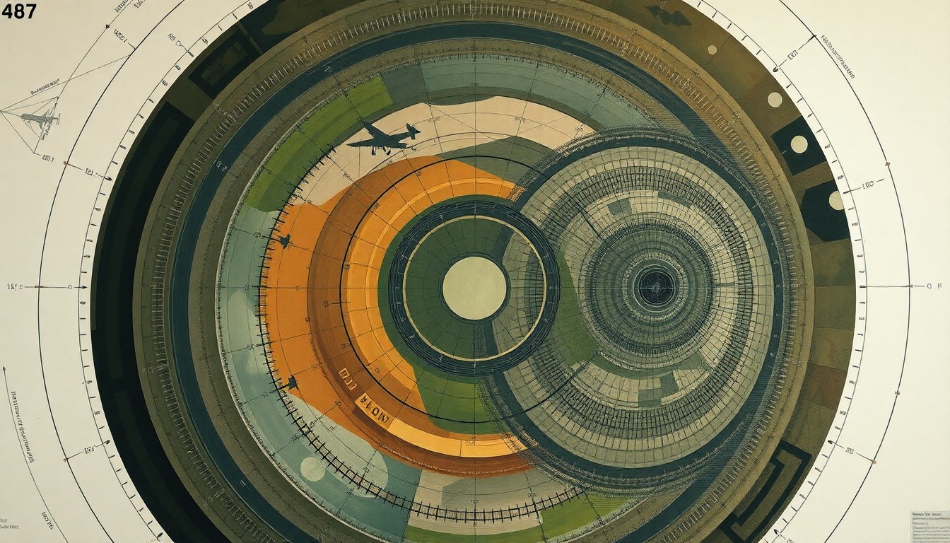 An abstract, highly structured painting in muted tones of green, blue, and gray, featuring sweeping geometric shapes, concentric circles, and precise mechanical spirals, representing the complex interplay of drone technology and modern military operations.