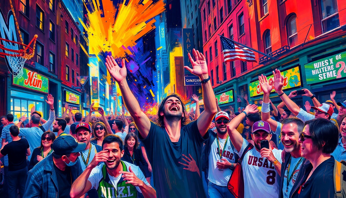 An abstract, energetic painting featuring bold brushstrokes in neon blue, green, and orange, capturing the vibrant spirit of college basketball fans celebrating in the streets.