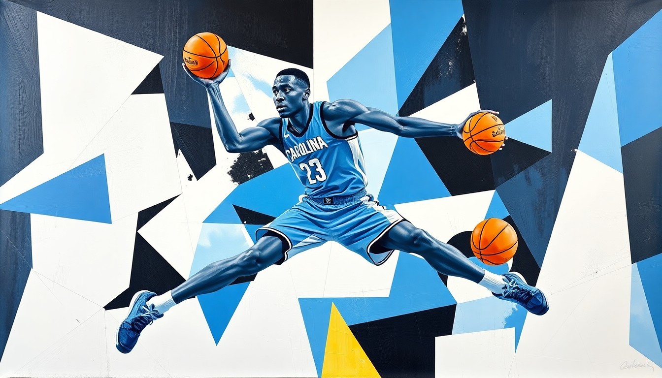 A cubist, geometric painting depicting a basketball player's movements broken down into sharp, overlapping planes of Carolina blue, white, and black, conveying the uncertainty and transition surrounding the player's future.