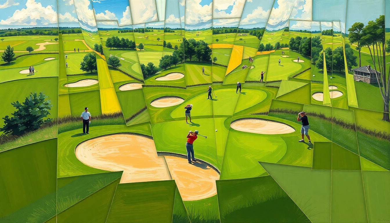 A fragmented, geometric painting depicting the various elements of a golf tournament, including fairways, sand traps, and golfers in motion, rendered in an abstract cubist style.
